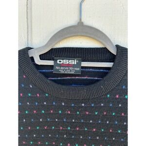 Vintage Ossi Skiwear Wool Blend Black‎ Sweater, Colorful Dots, Size Medium